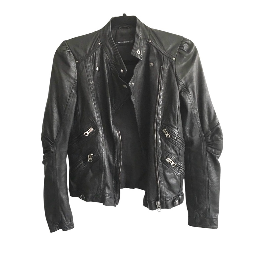 ZARA Leather Asymmetrical Moto Biker Jacket Black XS